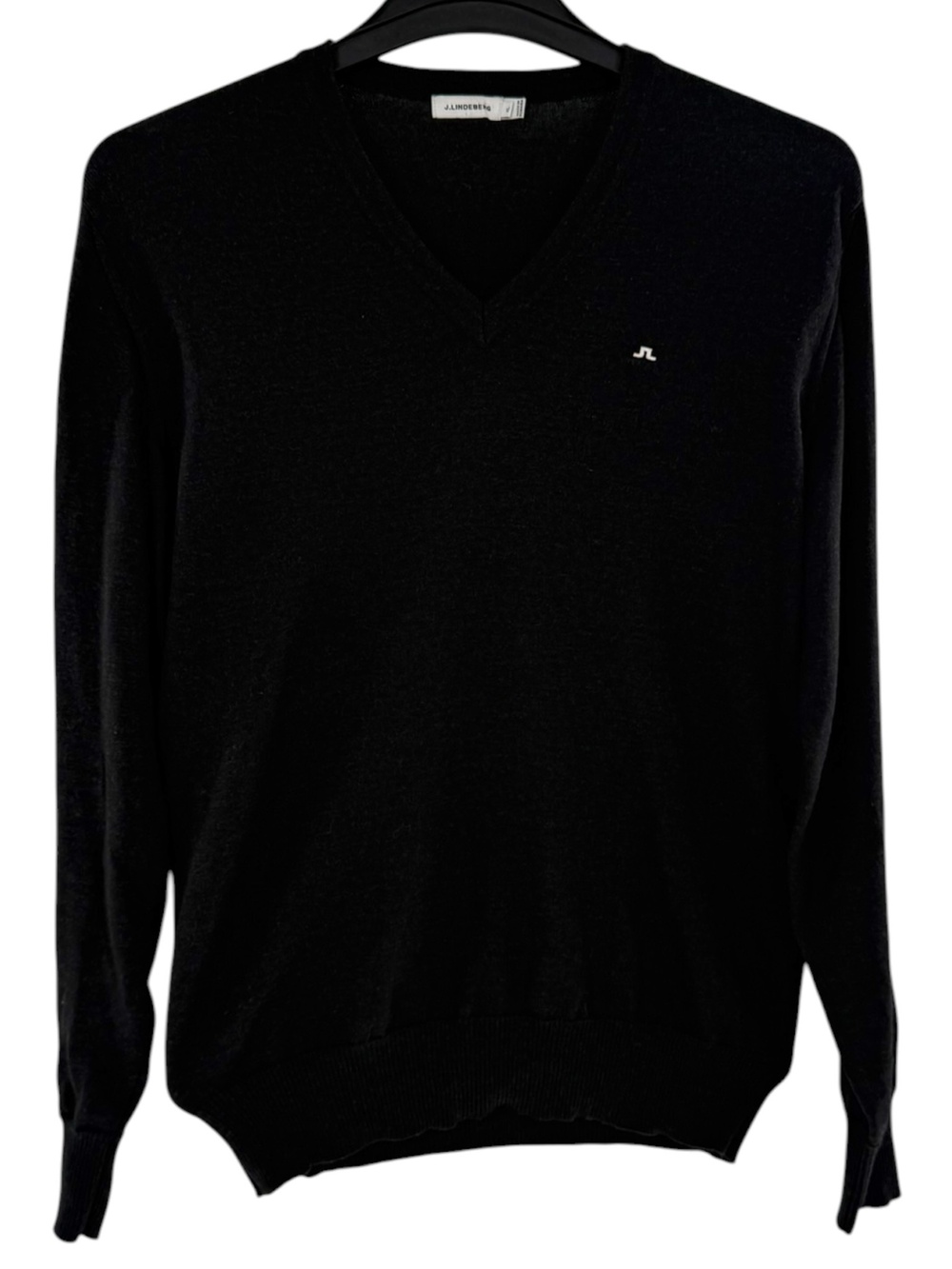J.Lindeberg Sweater Mens XL Black Merino Wool Knit V-Neck Logo Pullover